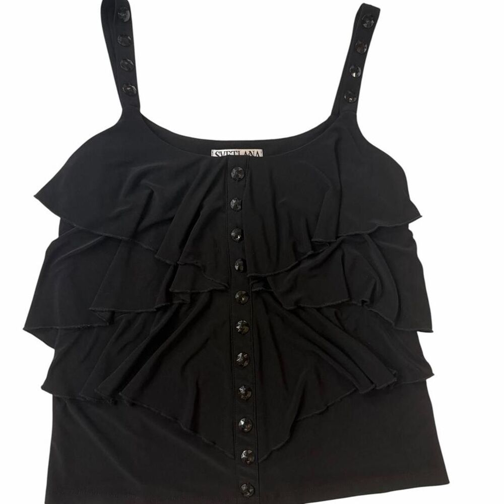 Svetlana black ruffle tank top with button detail